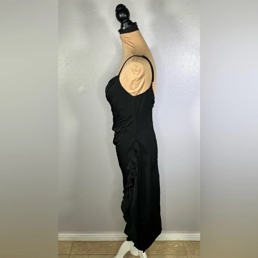Revolve Black ruffle asymmetrical hem high slit Midi Dress S cocktail datenight - Picture 9 of 15